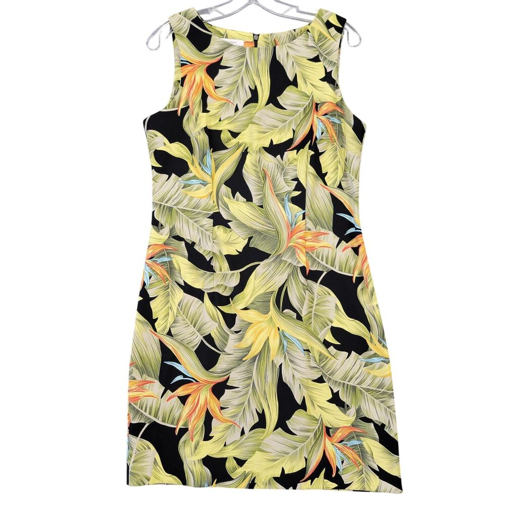 dressbarn Black Tropical Leaf Midi Dress with Yellow & Orange Accents
